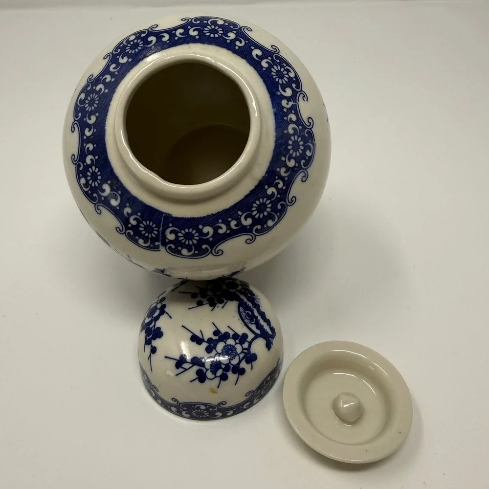 Vintage Japan Blue and White Ceramic Ginger Jar Floral Cherry Blossom 5 inches